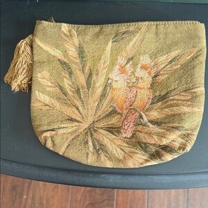 Elegant Vintage Olive Cockatiel Tapestry Pouch with tassel made in France